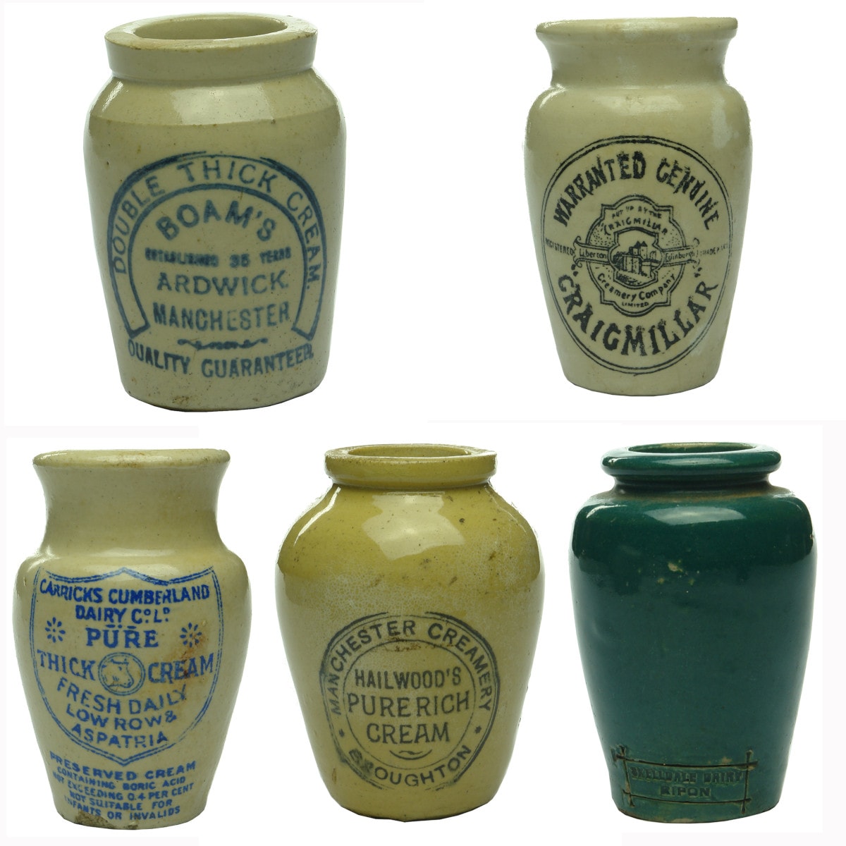 Cream pots x 5: Boam's, Manchester; Craigmillar Creamery Company; Carricks Cumberland Dairy Co Ld, Low Row & Aspatria; Hailwood's Manchester Creamery, Broughton; Skelldale Dairy, Ripon.