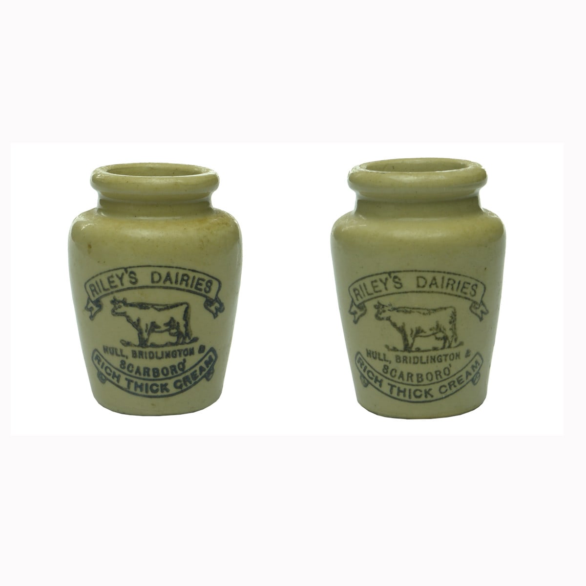 Cream. 2 x Riley's Dairies Cream Pots, Hull, Bridlington & Scarboro with cow trade mark.