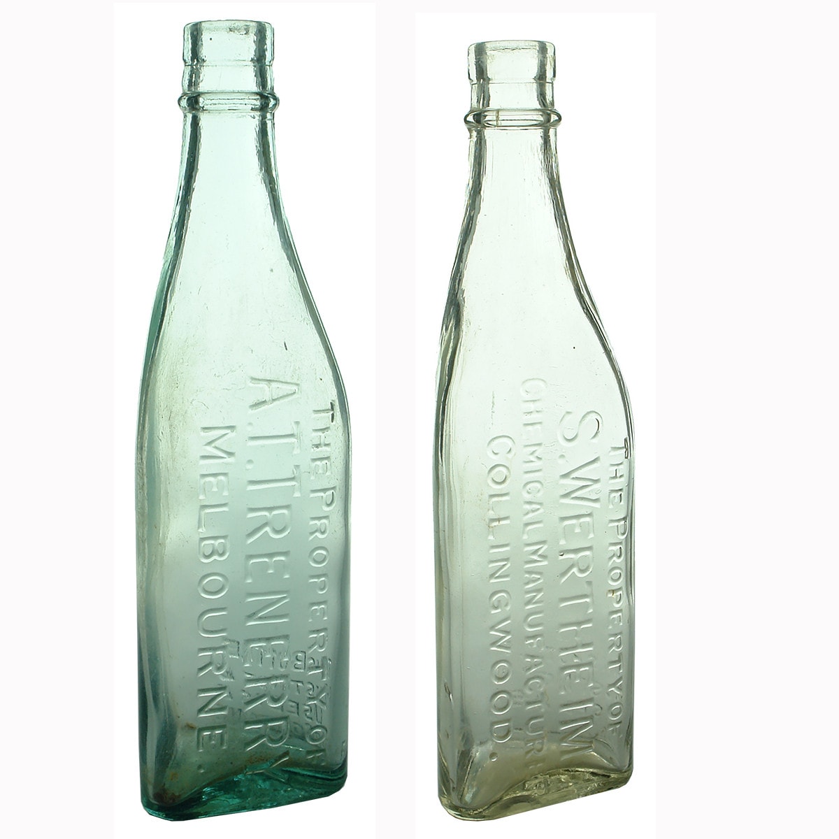 Pair of Kerosene bottles. Trenerry, Melbourne & Wertheim, Collingwood. Triangular. Aqua & Clear. 13 oz. (Victoria)