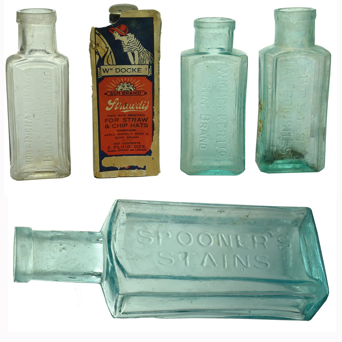 Five Hat Dye type bottles: Docker with label and box; Docker; Robert Ingham Clark Britannia Brand; Bell's; Spooner's Stains.