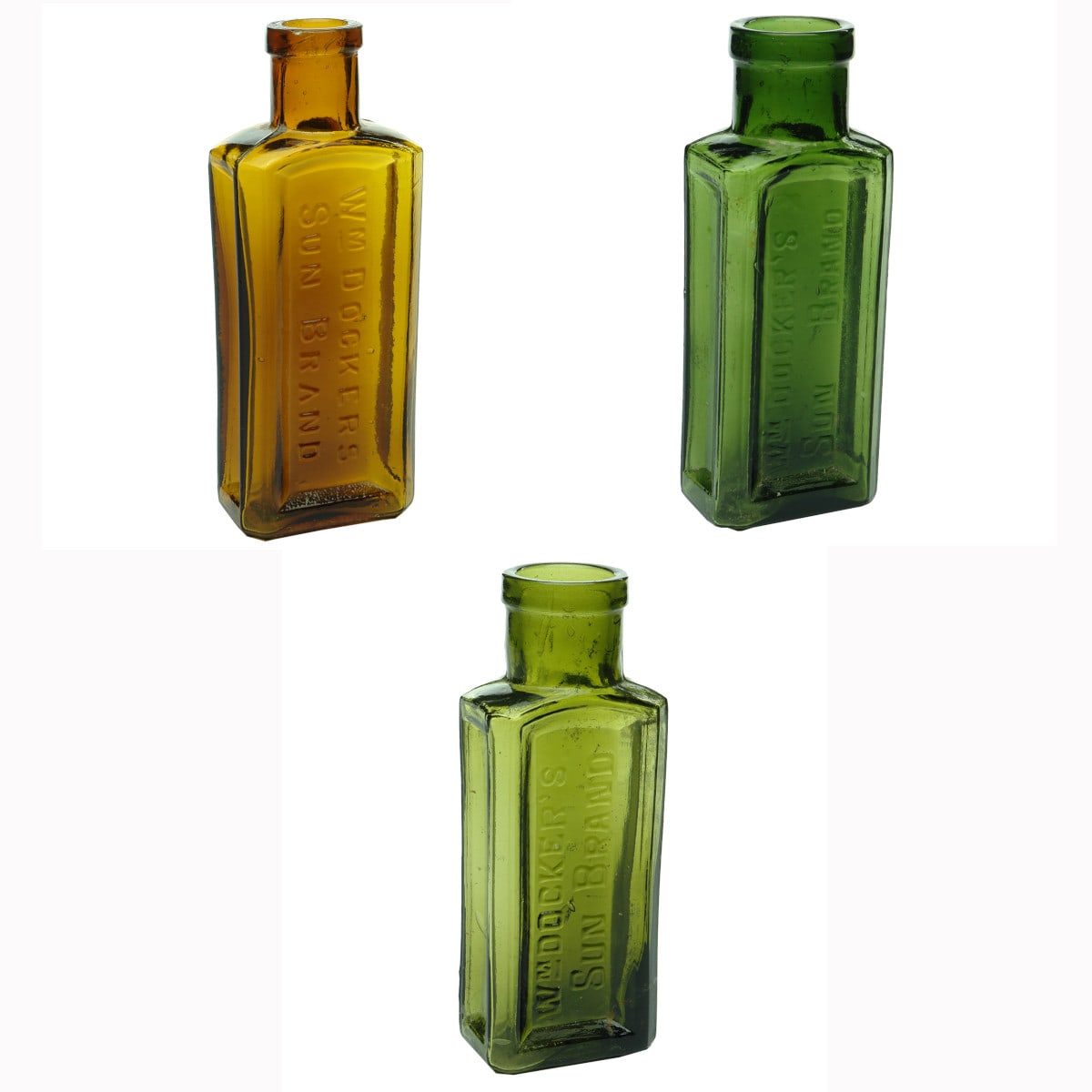 Three coloured Wm Dockers Sun Brand Bottles, amber, green and olive. (New South Wales)