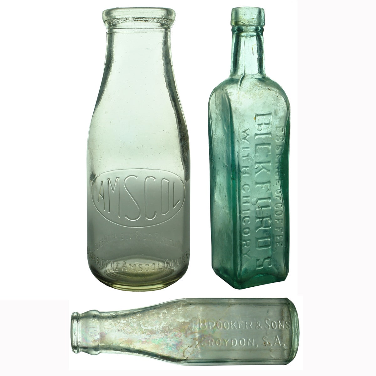 Three Household Bottles: Amscol Milk; Bickford's Coffee Essence and Brooker crown seal. (South Australia)