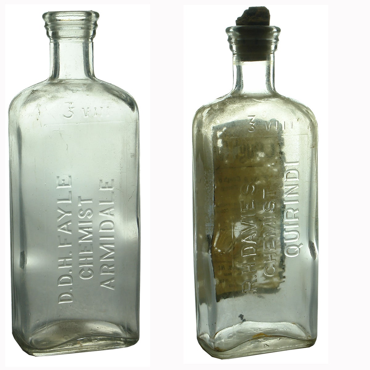 Pair of Chemists: Fayle, Armidale and Davies Quirindi (with original label). (New South Wales)