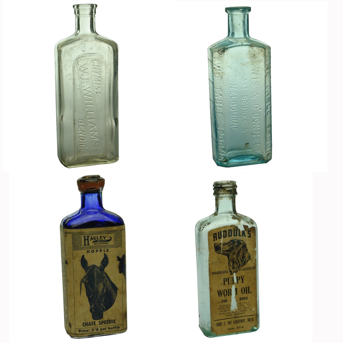 Four Chemist/Cure Bottles: Williams, Bendigo; Lewis & O'Donnell, Melbourne; Hagleys Hopple Chafe Specific, Melbourne and Ruddock's Puppy Worm Oil, Melbourne. (Victoria)