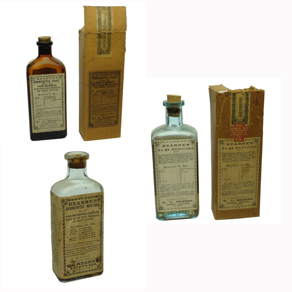 Three Cures. Hearne's Bronchitis Cure, No 21 Medicine and Bronchitis Mixture. Original boxes, labels, contents amongst them. (Geelong, Victoria & Sydney, New South Wales)