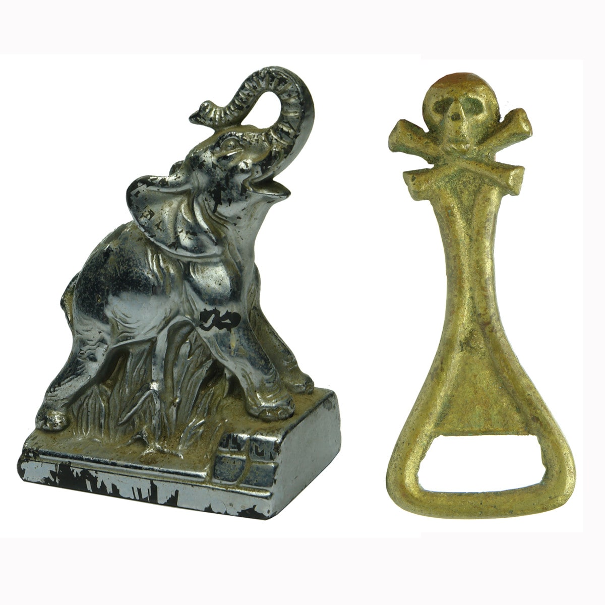 Pair of Metal Items. Metal Elephant and Brass crown seal opener with skull and crossbones.