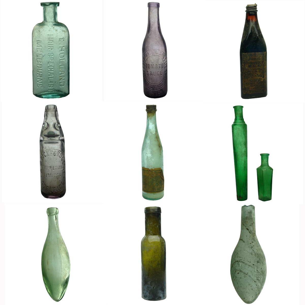 10 bottles: Holland, Melbourne; Humphris, Adelaide & Jamestown; Brunswick Black Optimus Paint Works; amethyst Bickford, Adelaide codd; Davenport Olive Oil; Torpedo; Green Capers; Green Eau de Toilette; small square green & sample Split Soda.