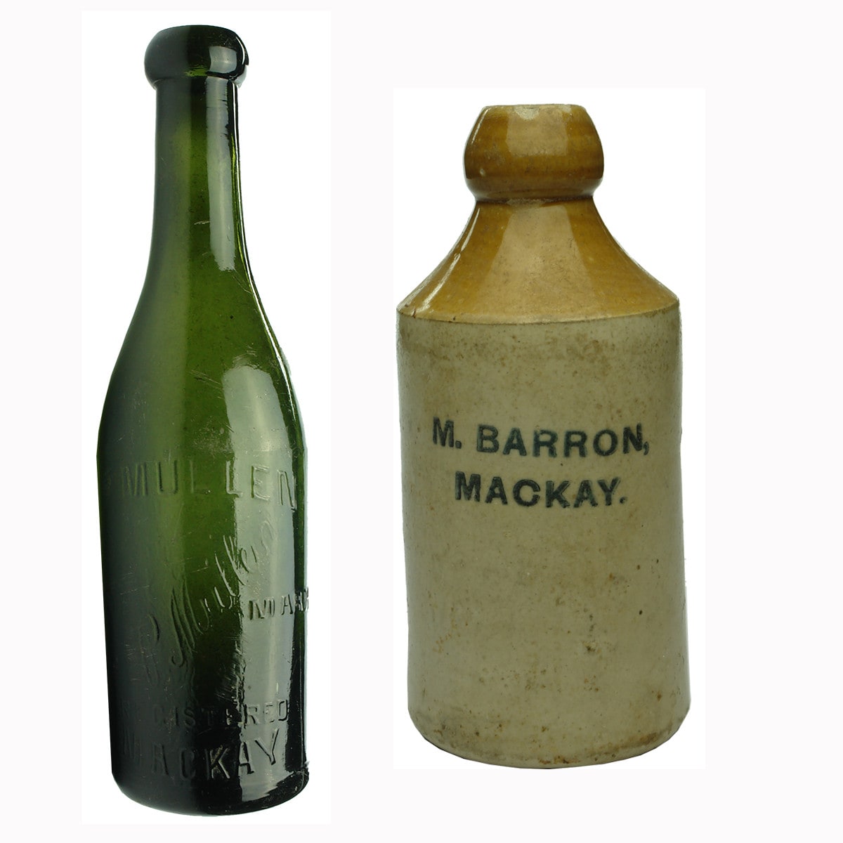 Pair of Mackay Bottles: Mullen green blob top and Barron ginger beer. (Queensland)