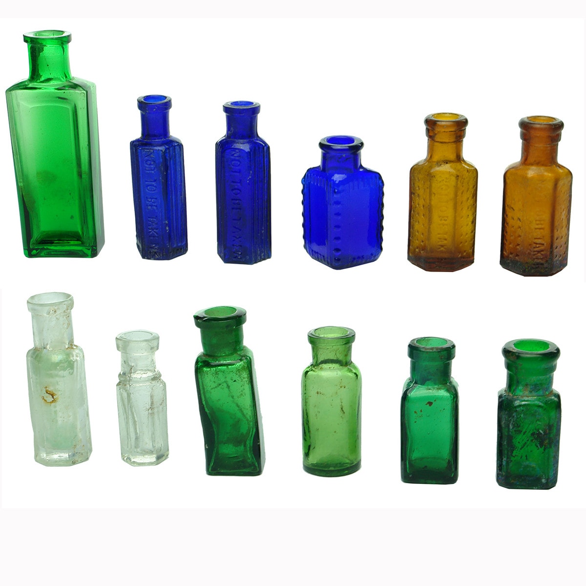 Twelve small bottles: 5 x Green; 3 x Cobalt; 2 x Amber; 2 x Clear.