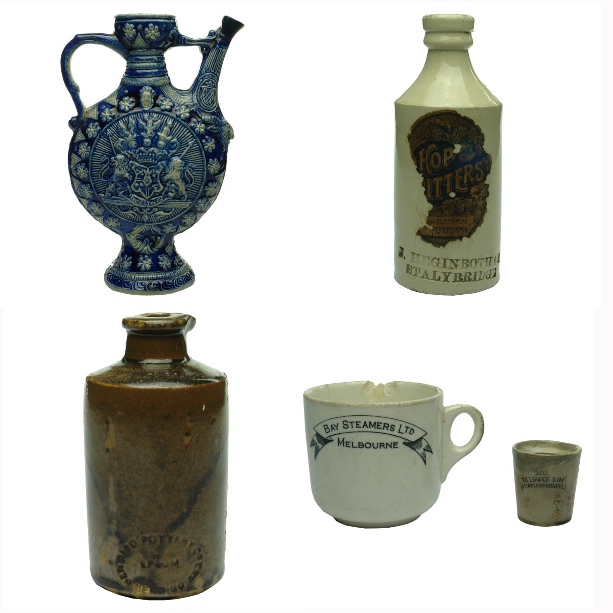 Five pieces of pottery: Fancy Blue & White Ewer with Coat of Arms; Higginbotham, Stalybridge; Bendigo Pottery Ink; Bay Steamers Melbourne Cup; Half Ounce dose cup.