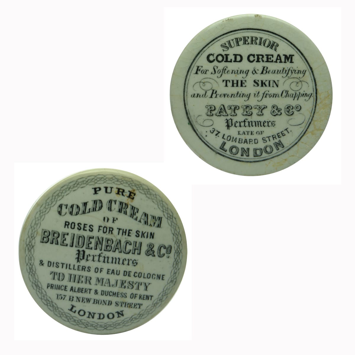 Pot Lid.  Two early colds creams: Patey & Co, London; Breidenbach & Co, London.