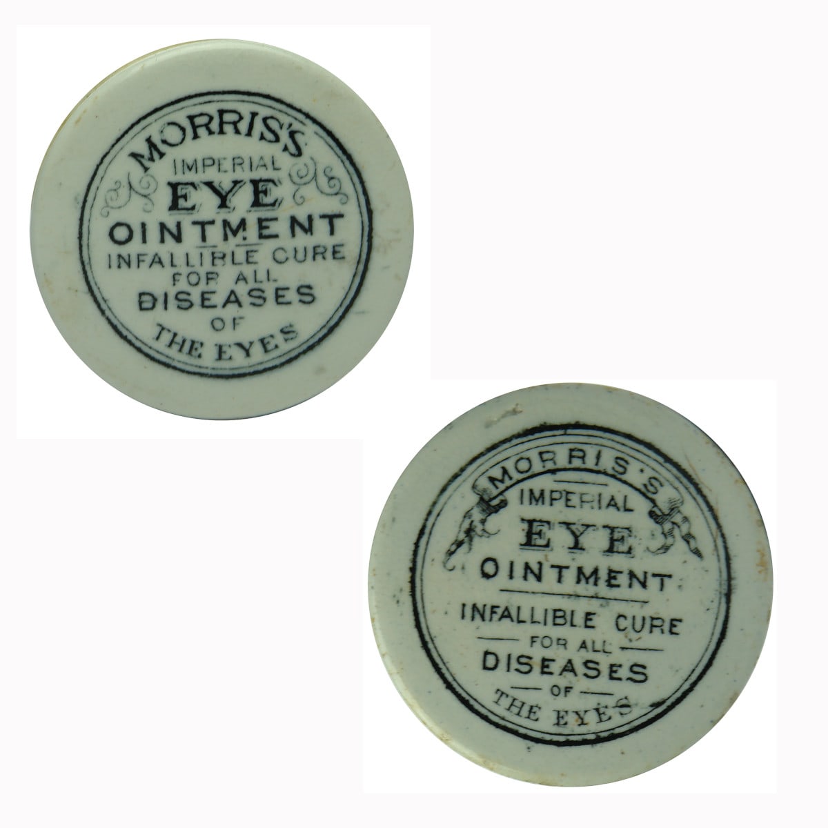 Pot Lid. Pair of Morris's Eye Ointment variations.