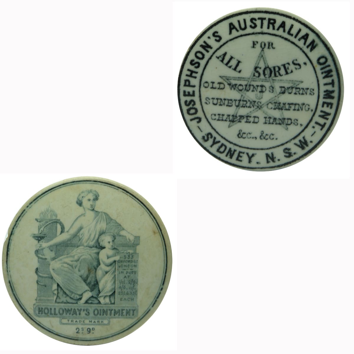 Pot Lid. Josephson's Australian Ointment, Sydney AND a Holloway's Ointment, 2s 9d, Oxford St, London.