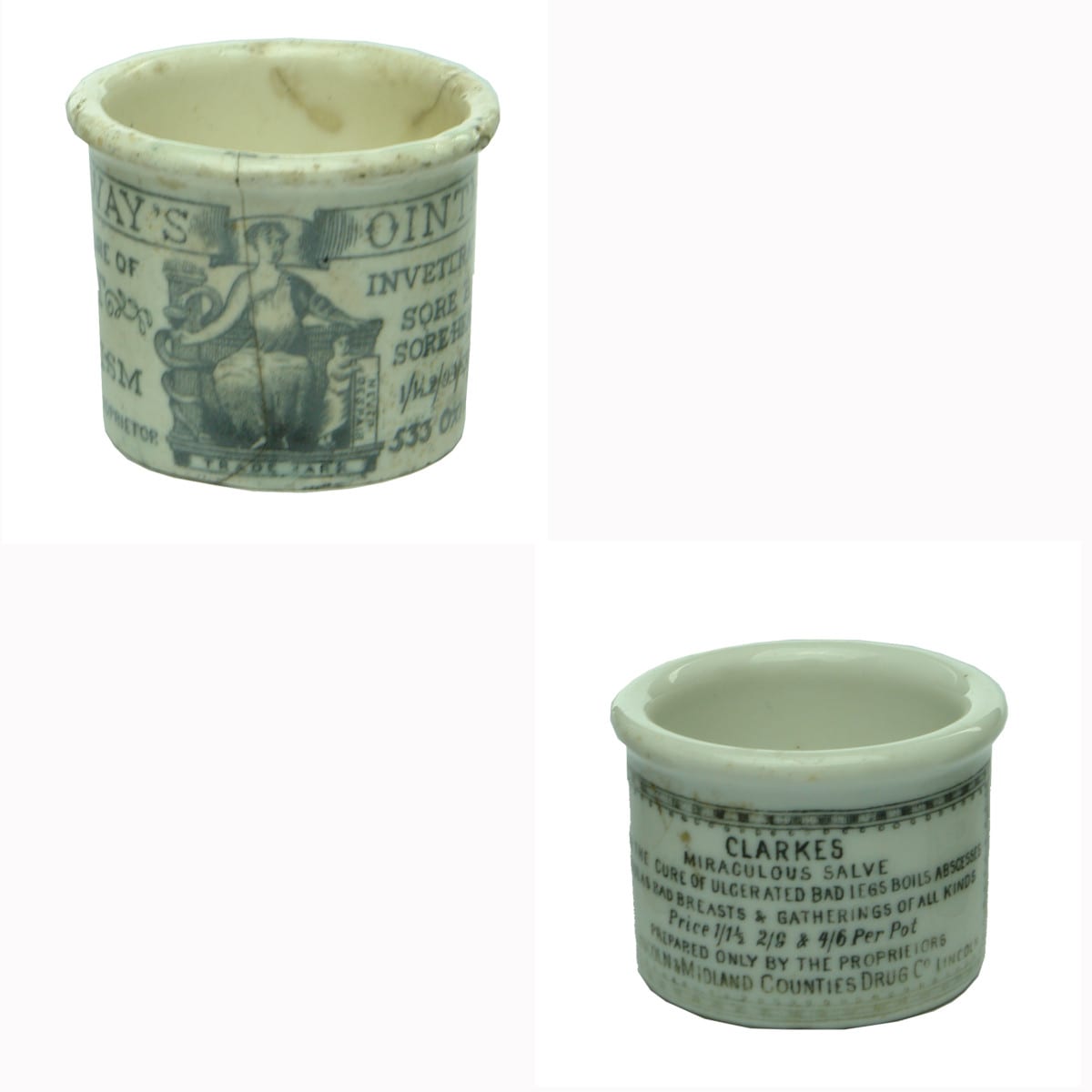 Six ointment pots. Holloways; Poor Mans Friend; Clarke's Miraculous Salve.