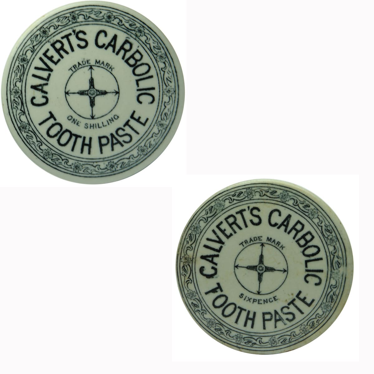 Pot Lid. Two sizes of Calvert's Carbolic Tooth Paste.