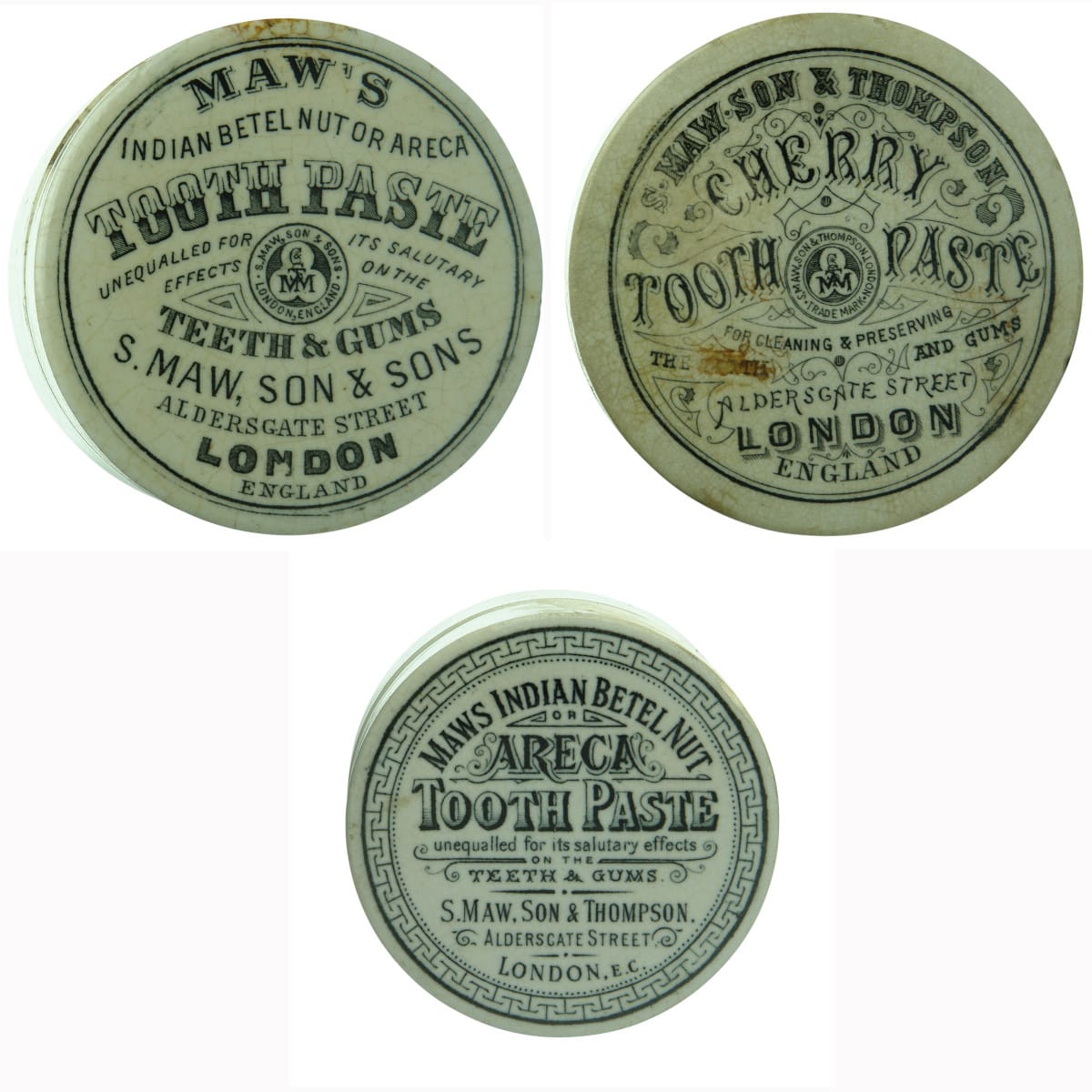 Three Maw's lids. Indian Betel Nut and Cherry Tooth Paste.