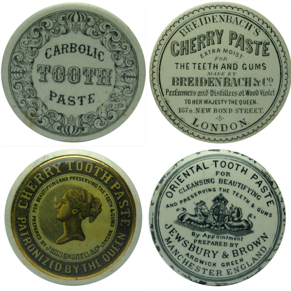 Pot Lid. 4 x lids: Carbolic Tooth Paste; Breidenbach; John Gosnell & Co; Jewsbury & Brown.