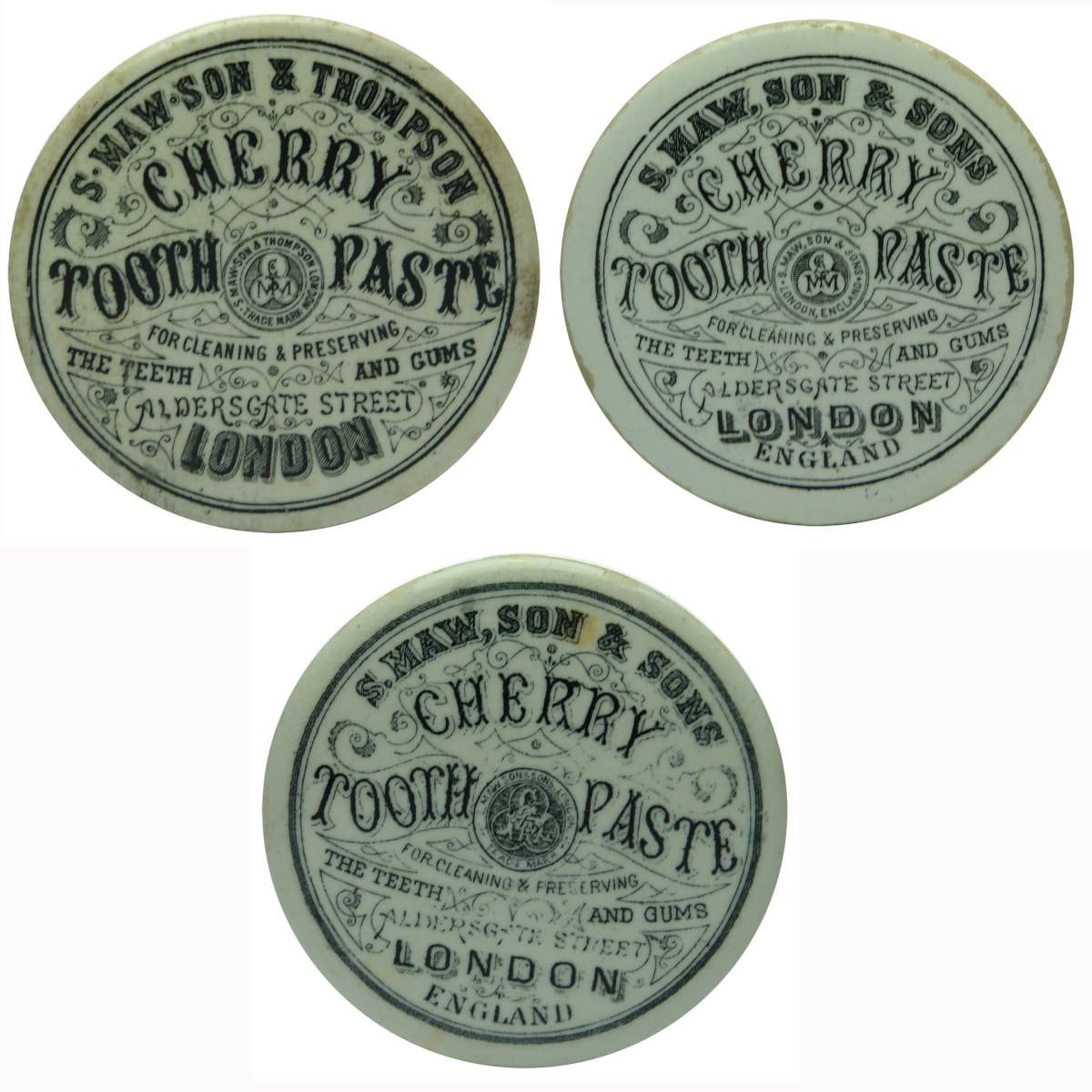 Pot Lid. Three different Maw, London Cherry Tooth Paste Pot Lids.