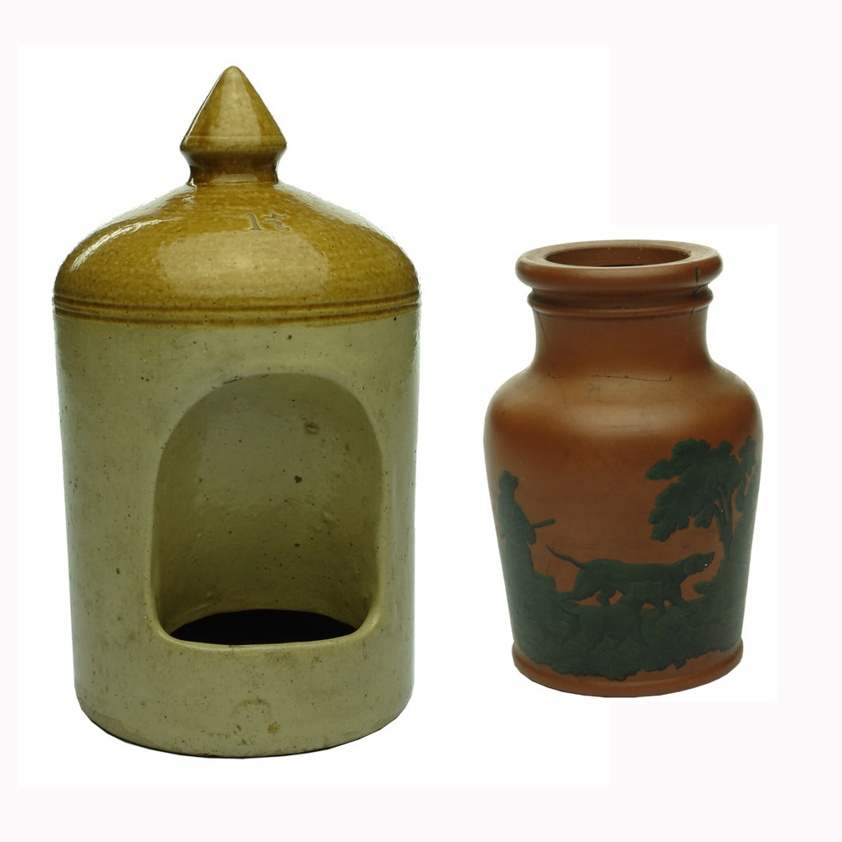 Pair of Pottery items. 1.5 Pint Bird Feeder and a Terracotta type Pratt Jar.