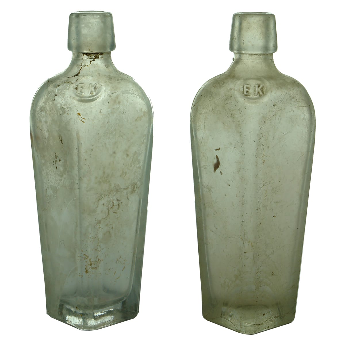 Pair of Sample Gins. EK in moulded "seal" shape at shoulder. Clear. 4 oz.