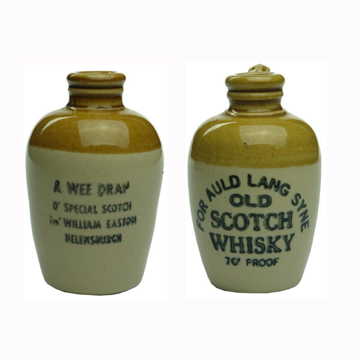 Pair of Sample Whisky Jugs. Easton, Helensburgh and Russell's Edinburgh.