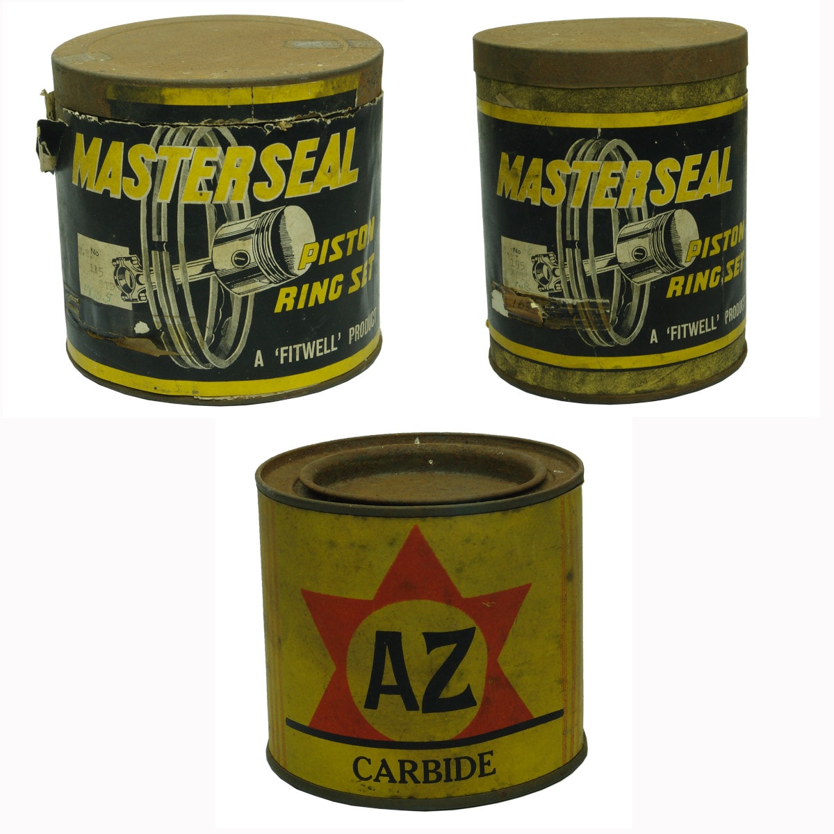 Automotive Tins: Masterseal Piston Ring Set, Fitwell, Sydney, No 115; Masterseal Piston Ring Set, Fitwell, Sydney, No 195; A-Z Auto-Needz, Melbourne Carbide.