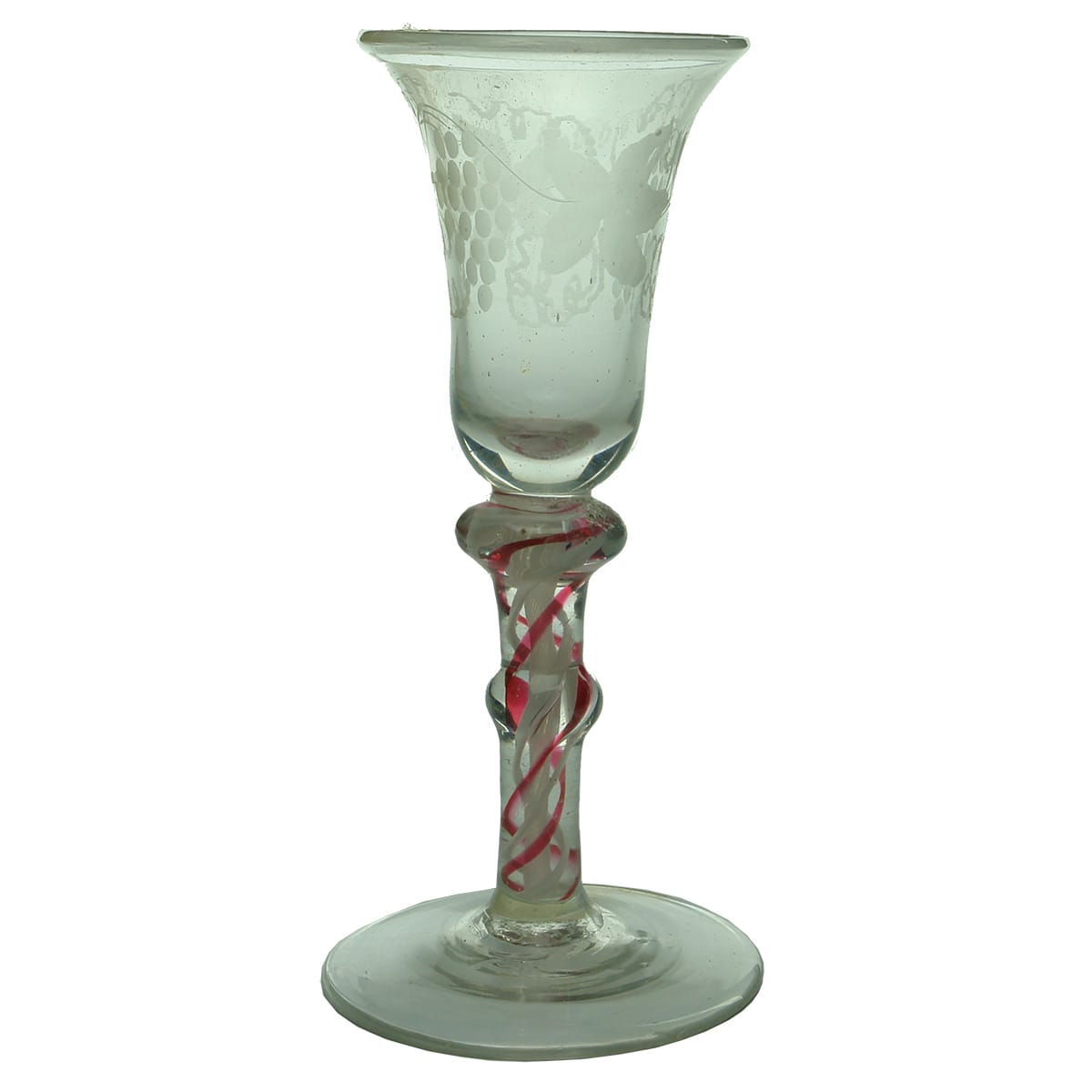 Glass. Georgian twisted red and white stem with double knops. Engraved grapes and leaves.