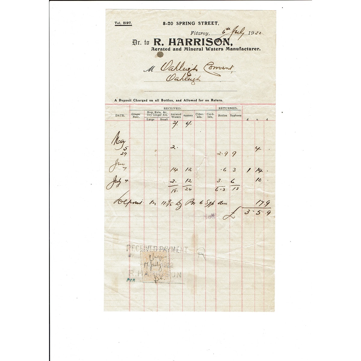 Invoice/Letterhead. R. Harrison, Aerated and Mineral Waters Manufacturer, Fitzroy. 1922 (Victoria)