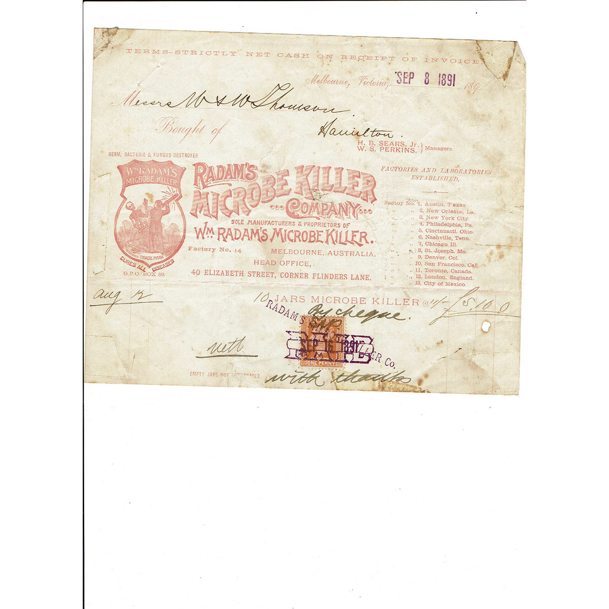 Invoice/Letterhead. Radam's Microbe Killer, Melbourne. 1891. (Victoria)