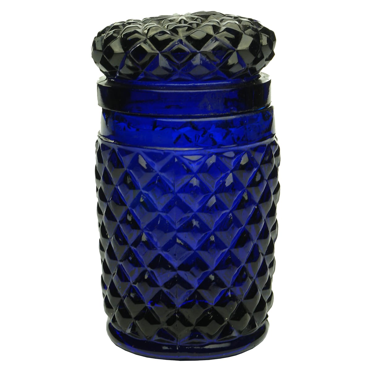 Glassware. Hobnail blue glass lidded jar.