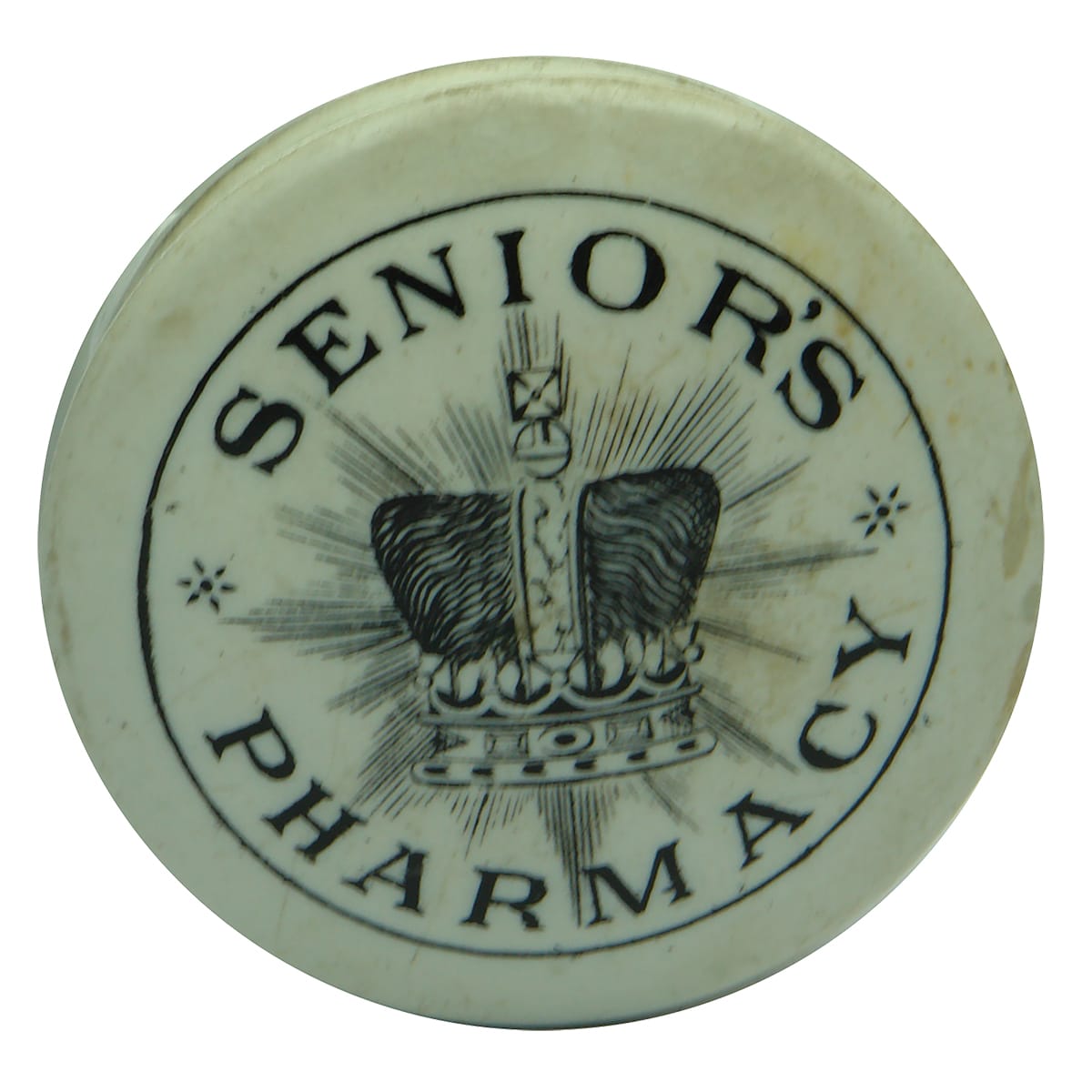 Pot Lid. Senior's Pharmacy. Cap type. (Sydney, New South Wales)