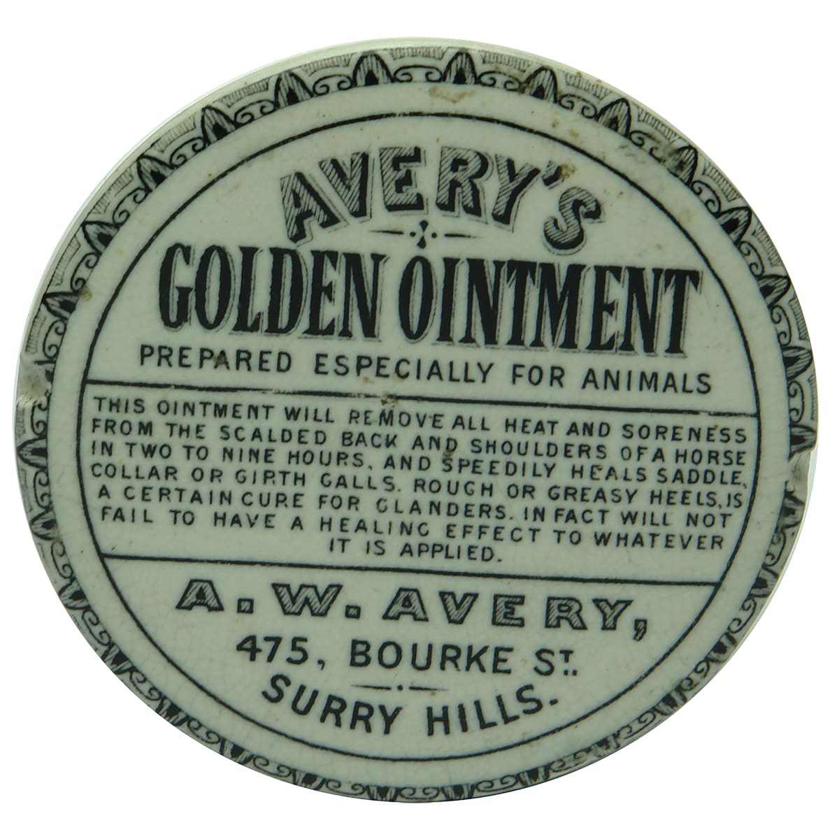 Avery's Golden Ointment, Surry Hills Black and White Pot Lid. Size 2.  (New South Wales)