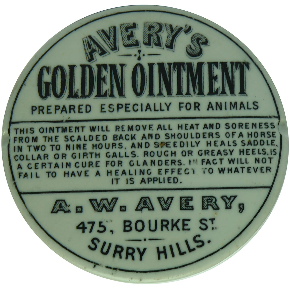 Avery's Golden Ointment, Surry Hills Black and White Pot Lid. Size 1. (New South Wales)