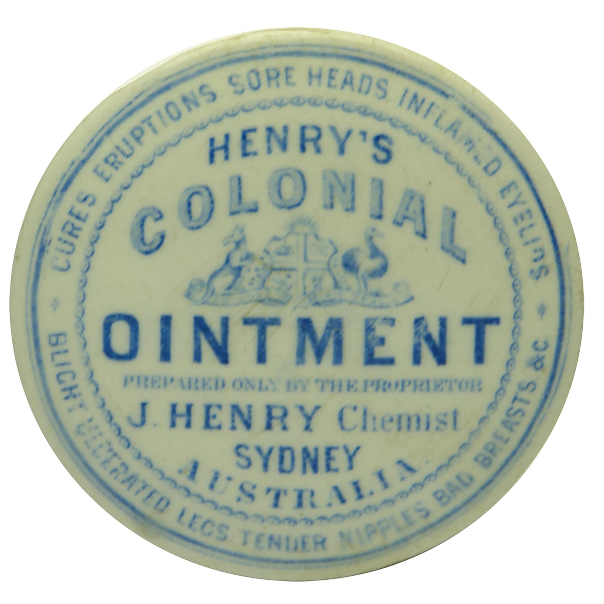 Pot Lid. Henry's Colonial Ointment, Sydney. Blue on White. (New South Wales)