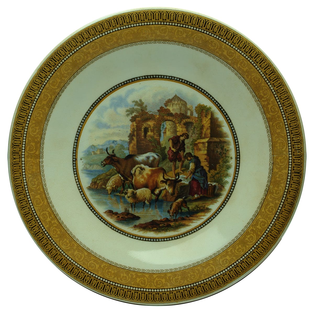 Prattware Plate. Livestock, Dog and two people. Waterside. Ruins in background.