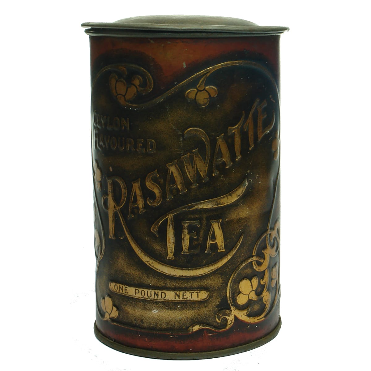 Tea Tin. Rasawatte Tea, Peterson & Co, Melbourne. 1 Pound. (Victoria)