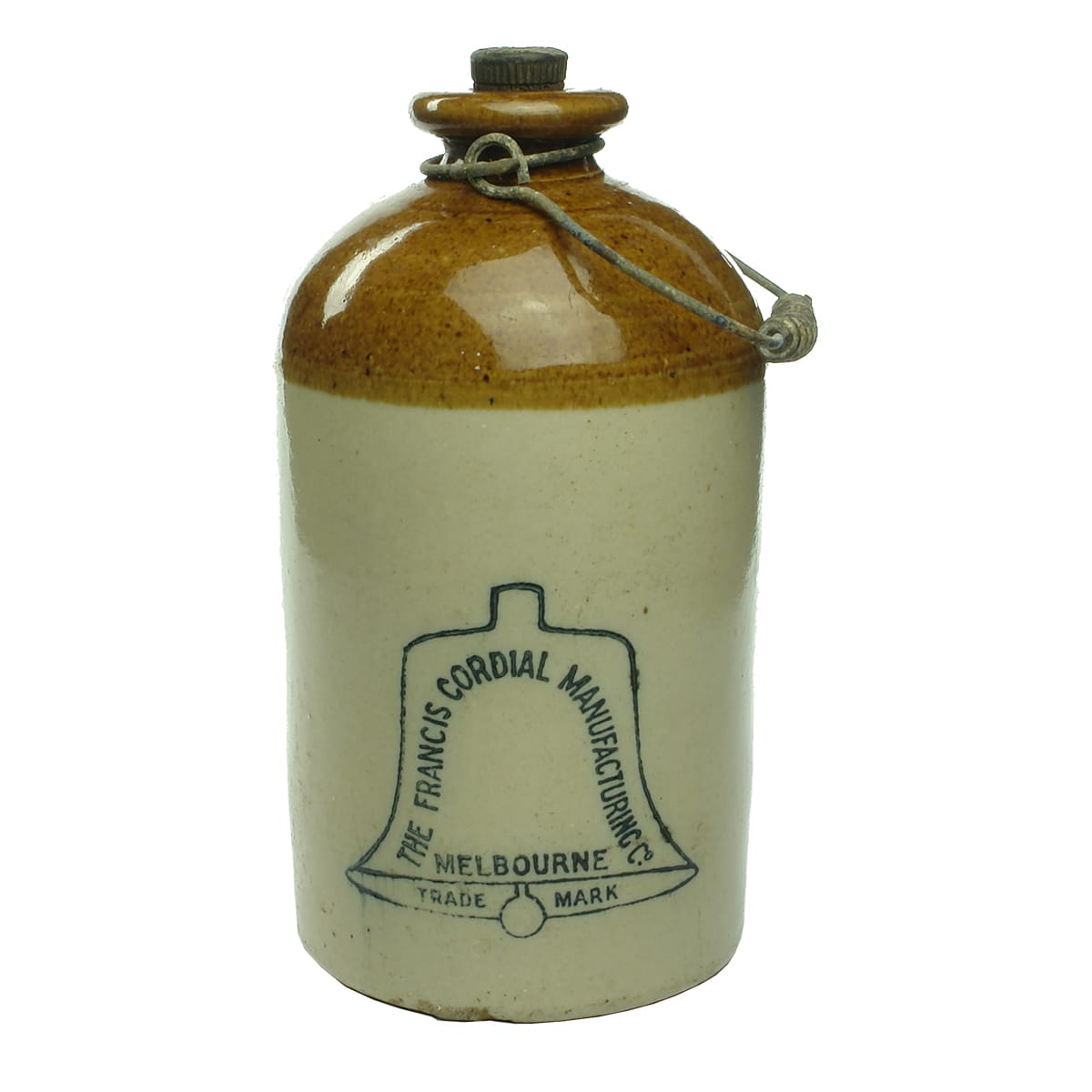 Demijohn. The Francis Cordial Manufacturing Co., Melbourne. Printed. Tan Top. Internal Thread. (Victoria)