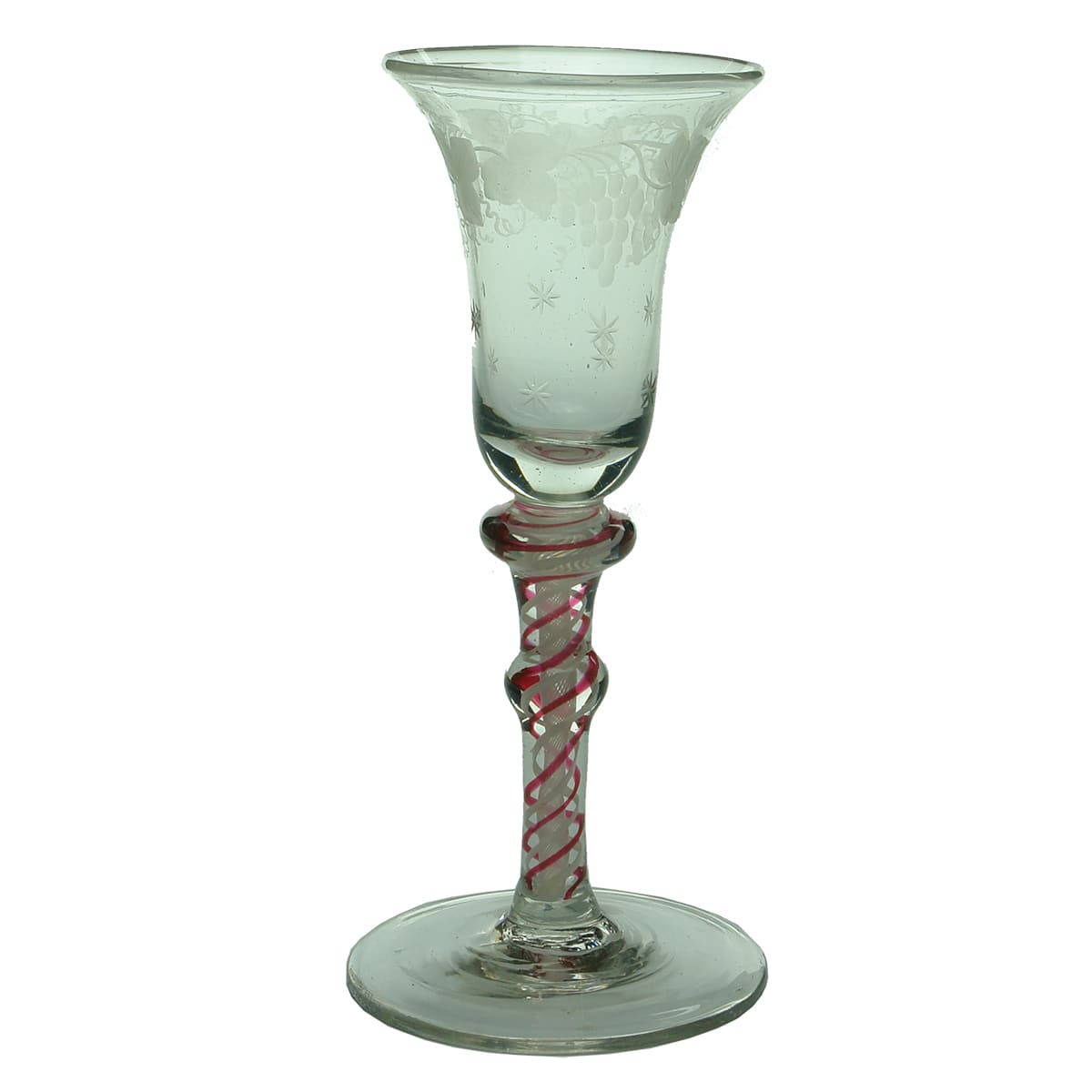 Glass. Georgian twisted red and white stem with double knops. Engraved grapes and vine.