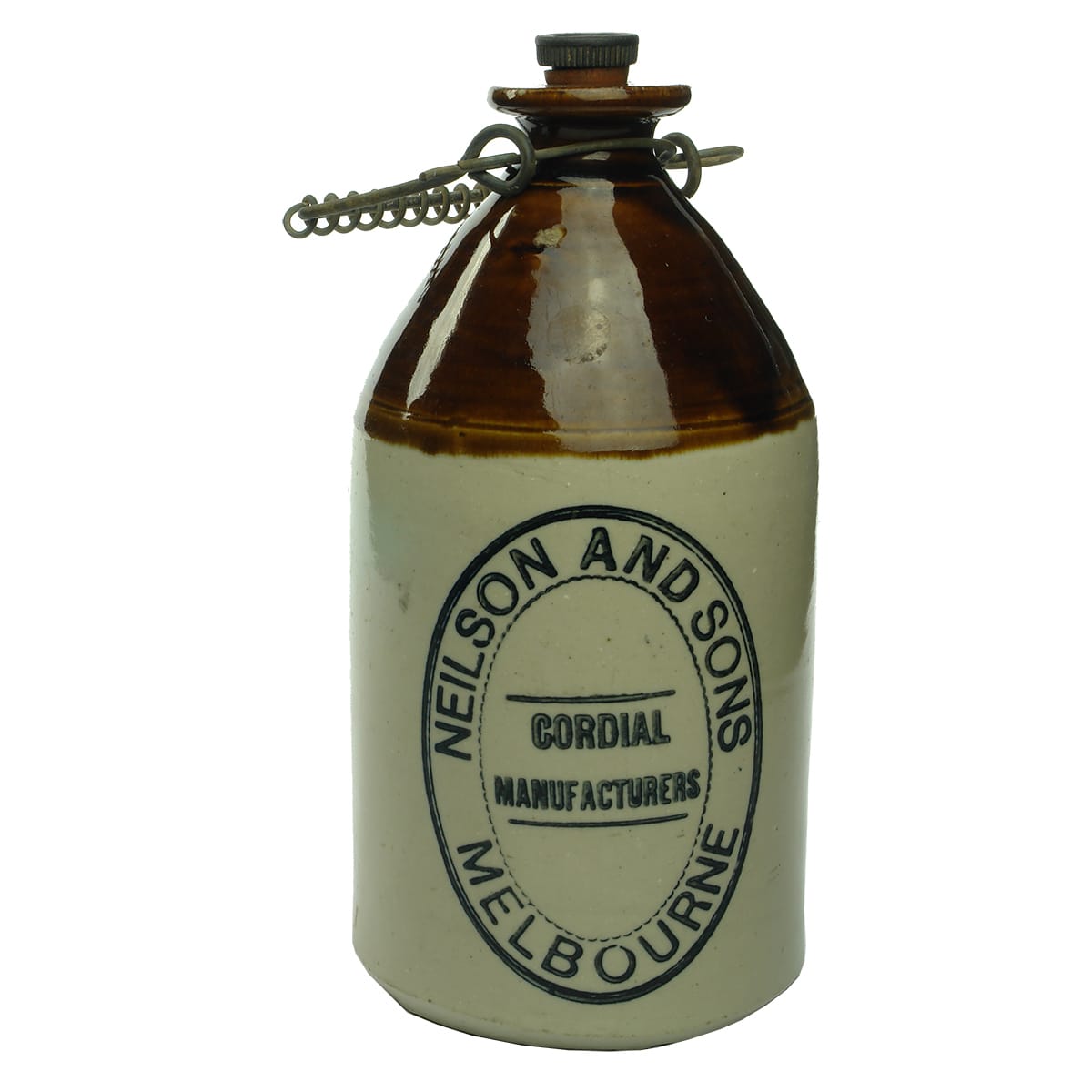Demijohn. Neilson and Sons, Melbourne. Printed. Sloping Shoulder. Brown Top. (Victoria)