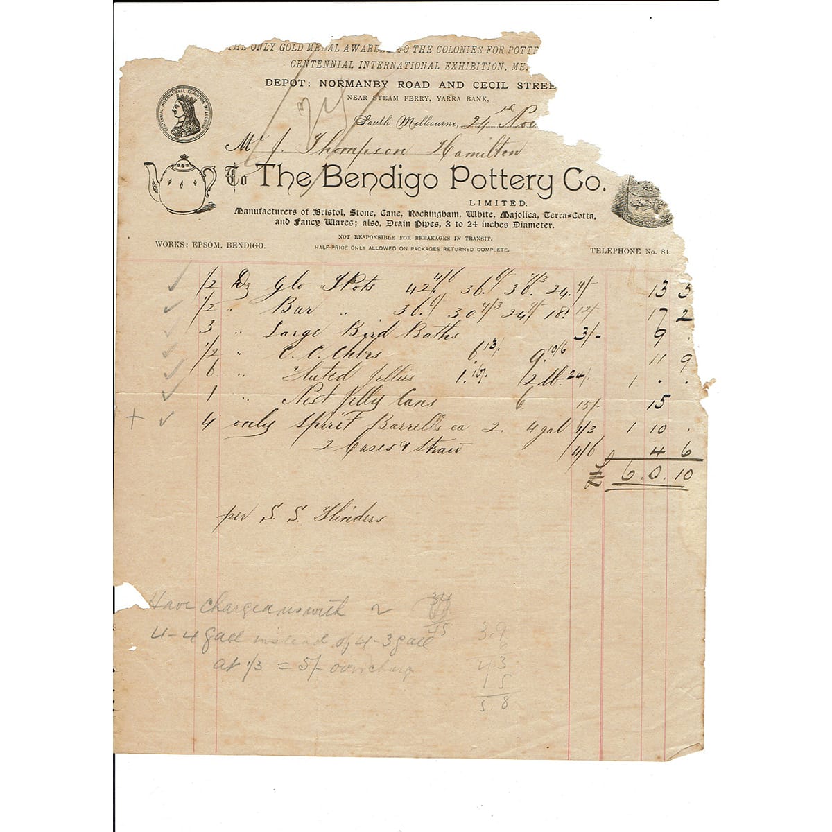 Invoice/Letterhead. The Bendigo Pottery Co. Limited. South Melbourne Depot. 1890s. (Victoria)