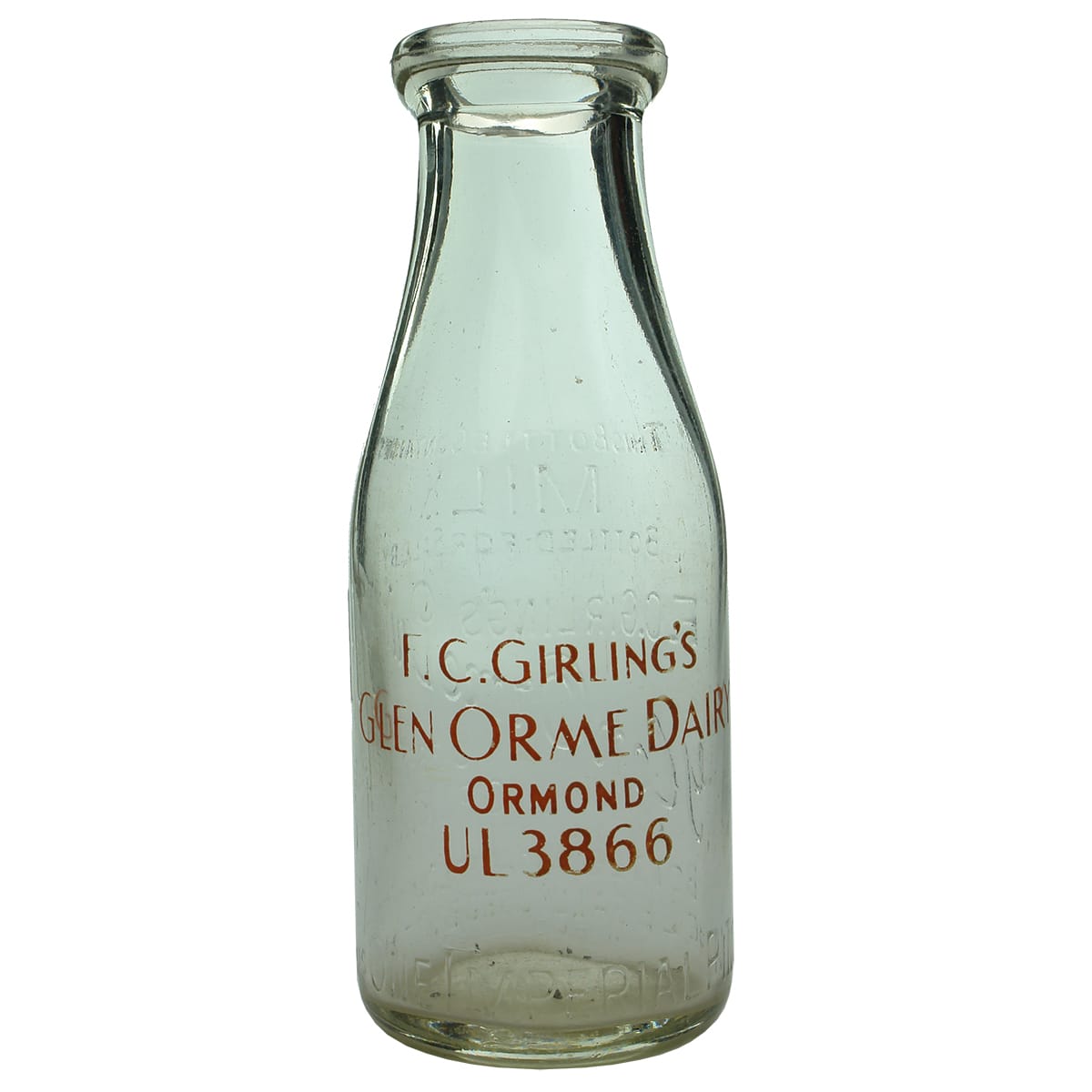 Milk. F. C. Girling, Ormond.  Embossed and Ceramic Label. Wad lip. 1 Pint. (Victoria)
