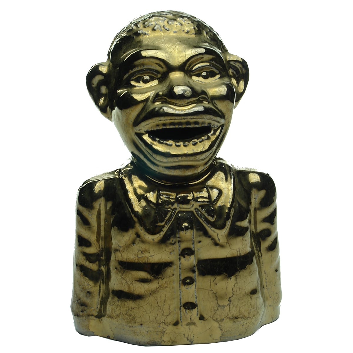 Money Box. Happy African American, terracotta with gold paint.