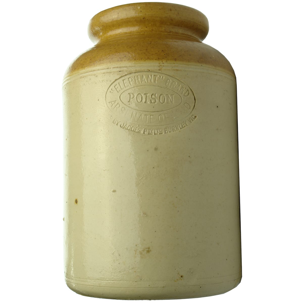 Stoneware Poison Jar. Elephant Brand. Jacqes, Burnley. Tan Top. (Victoria)