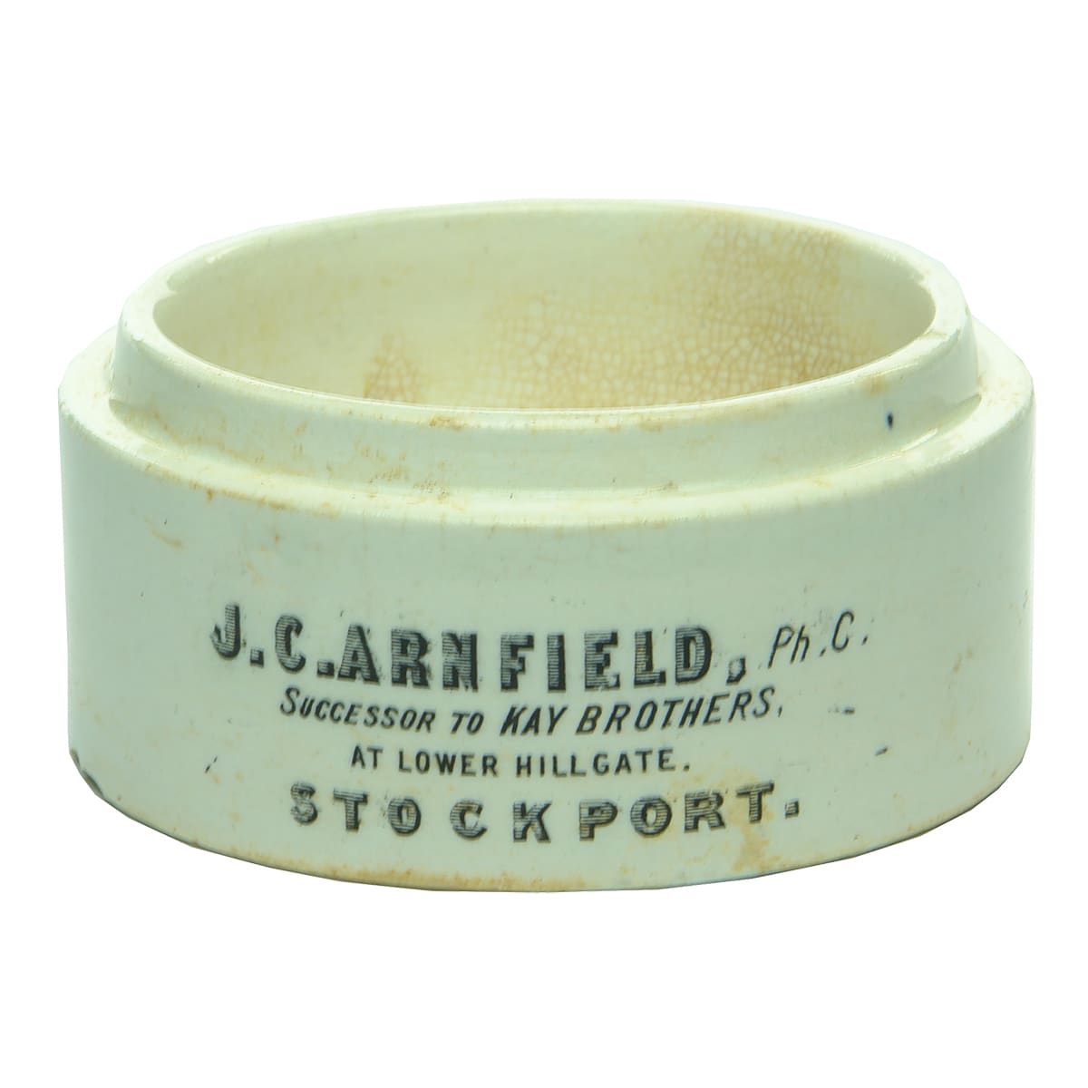 Pot Base. Arnfield, Successor to Kay Brothers, Stockport. Toogood Patent. Black on White.
