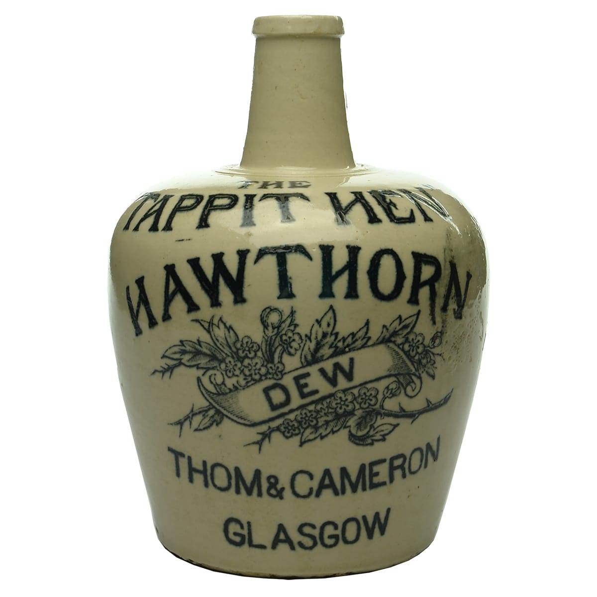 Whisky Jug. Tappit Hen, Hawthorn Dew, Thom & Cameron, Glasgow. Black & White.