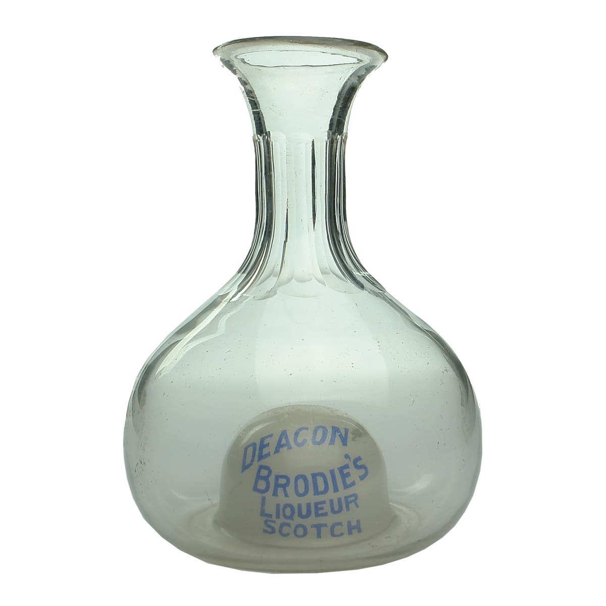 Water Carafe. Deacon Brodie's Liqueur Scotch. Argyll & Sutherland Highlanders. Clear. Blue & White print.