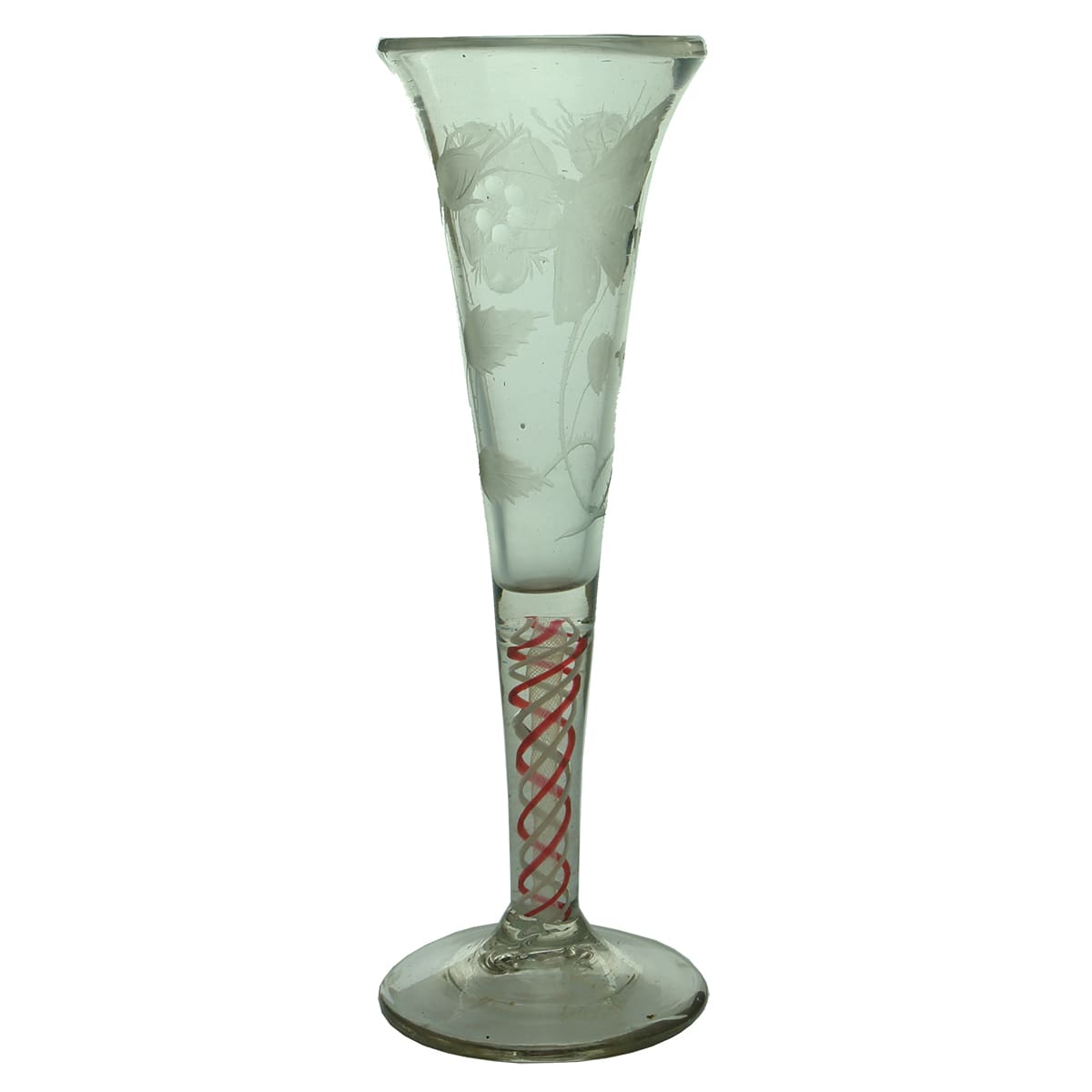 Glass. Georgian twisted red and white stem. Engraved butterfly and flowers.