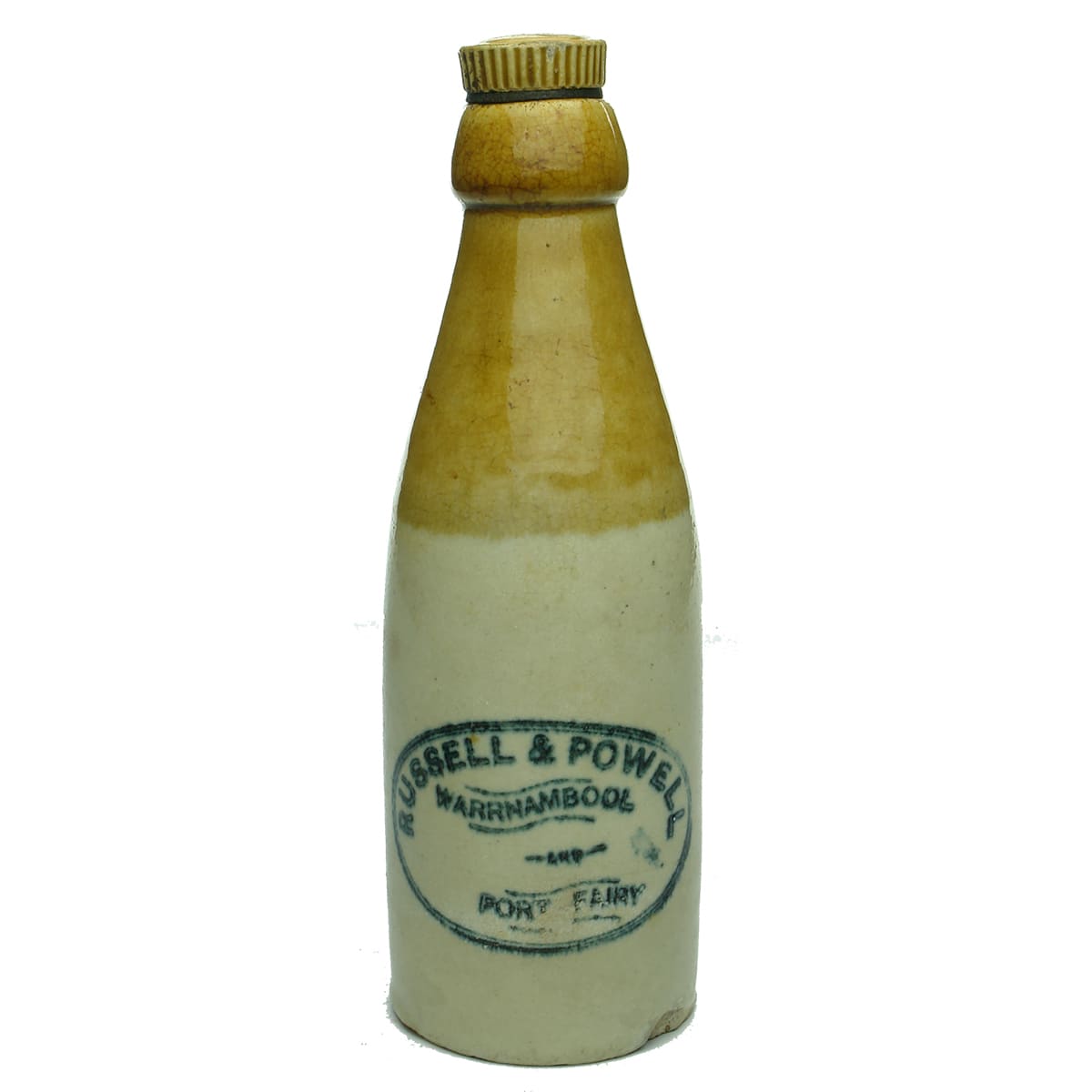 Ginger Beer. Russell & Powell, Warrnambool and Port Fairy. Internal Thread. Tan Top. 10 oz. (Victoria)