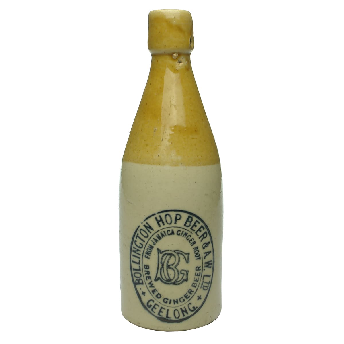 Ginger Beer.  Bollington Hop Beer & A. W. Ltd, Geelong.  Lightning stopper.  Champagne.  Tan Top. (Victoria)
