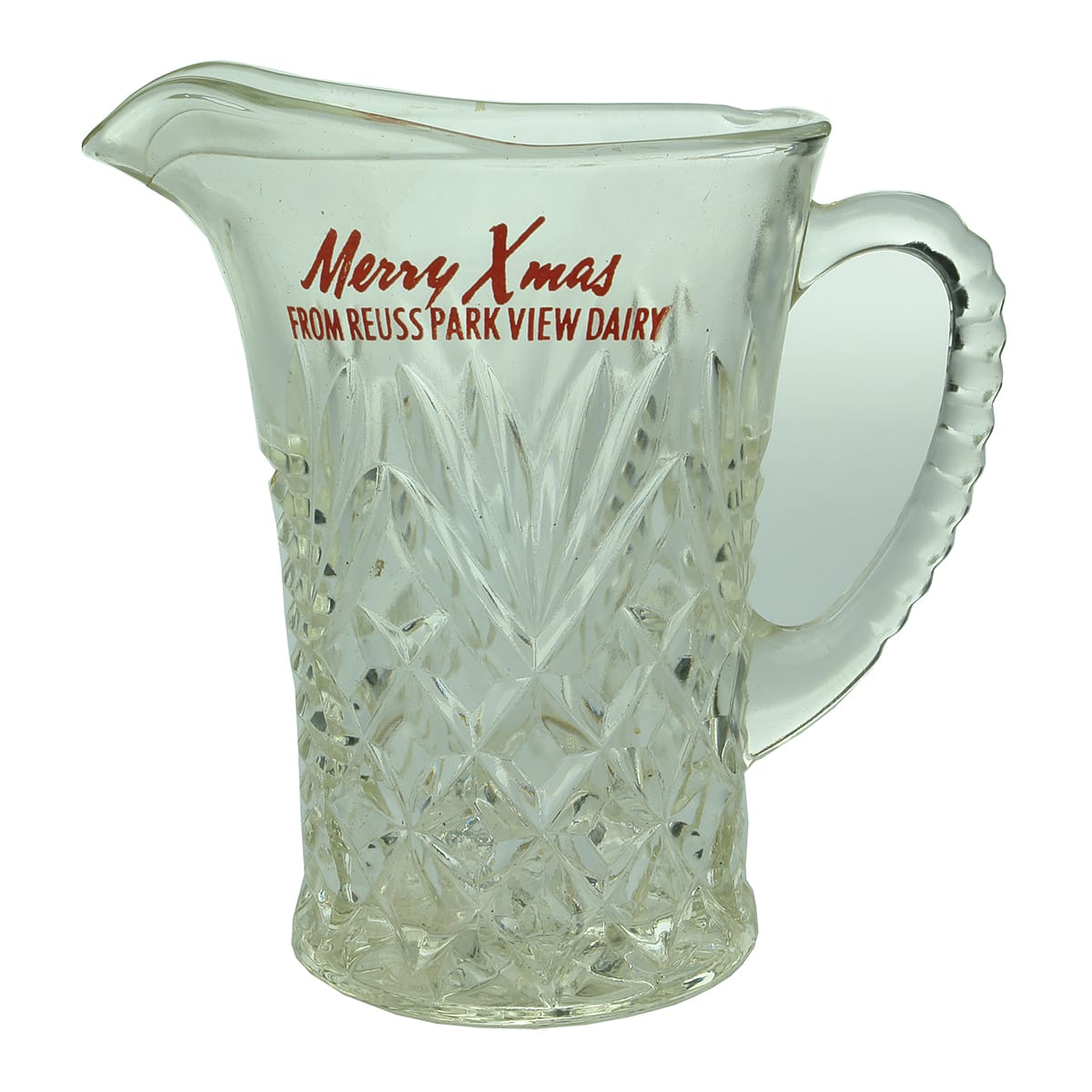 Dairy. Merry Xmas from Reuss Park View Dairy. 1 Pint Jug. Red print. (Victoria)